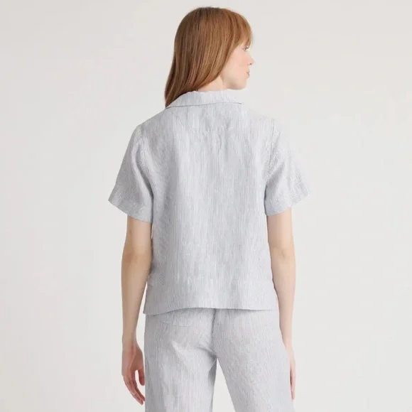 100% European Linen Short Sleeve Shirt blue stripe - Picture 2 of 7